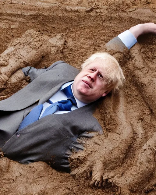 Image similar to an oil painting of uk politician former prime ministe boris johnson lying down in a pile of mud on a farm, covered in dirt, 4 k detail