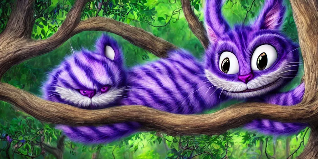 Prompt: The Cheshire Cat hanging in a tree, Alice in wonderland, colorful, wide angle, super highly detailed, professional digital painting, artstation, concept art, smooth, sharp focus, no blur, no dof, extreme illustration, Unreal Engine 5, Photorealism, HD quality, 8k resolution, cinema 4d, 3D, beautiful, cinematic, art by artgerm and greg rutkowski and alphonse mucha and loish and WLOP