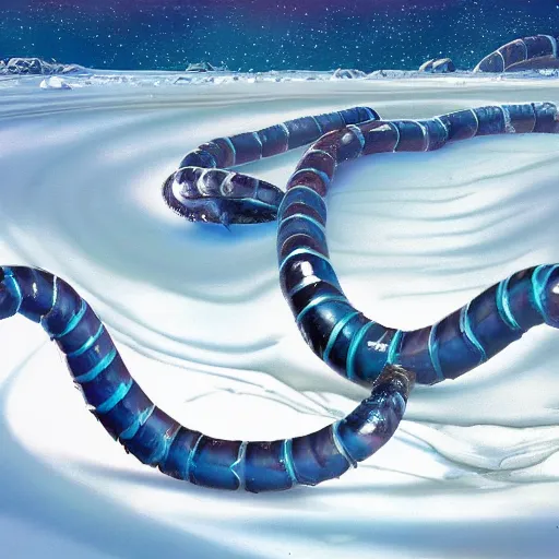 Prompt: giant jello worm in a icy desert, ice, snow, cold, by the tony sart and hr giger, artstation