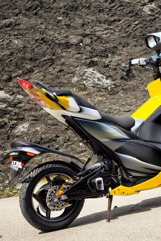 Image similar to yamaha dio with yellow, carbon and white paintjob, mountainroad background, midday, 5 0 0 ccm engine, race style, custom scooter, dslr, 8 5 mm, f / 1. 3