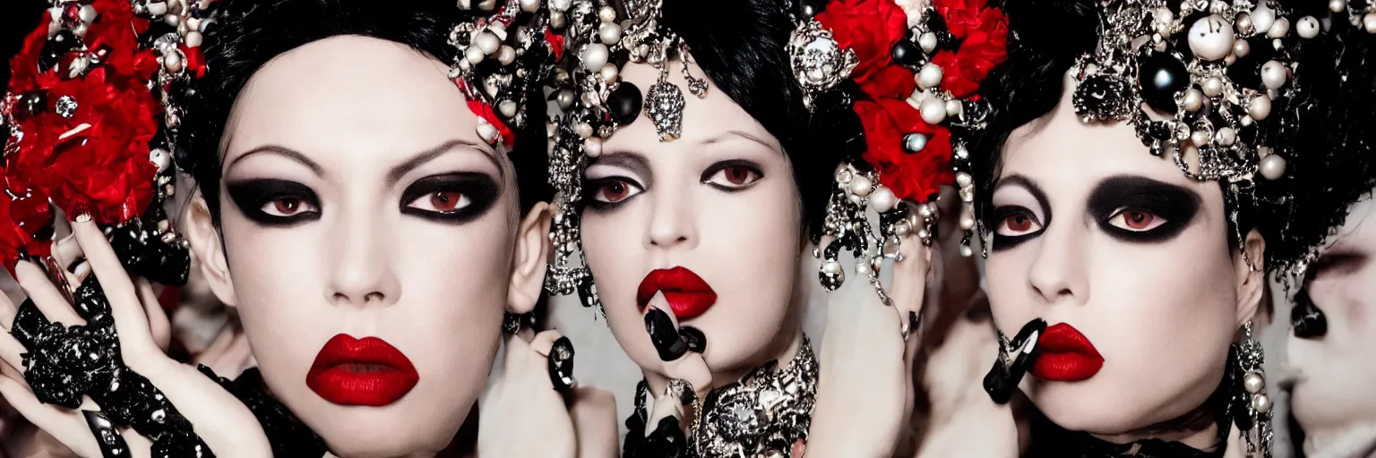 Image similar to a photograph of a woman with dark make-up around her eyes and red lipstick with slicked-back black hair wearing an outrageous Alexander McQueen mesh face jewelry across her face, encrusted with hanging beads and diamonds, haute couture, high fashion, Eiko Ishioka, film still, 16mm