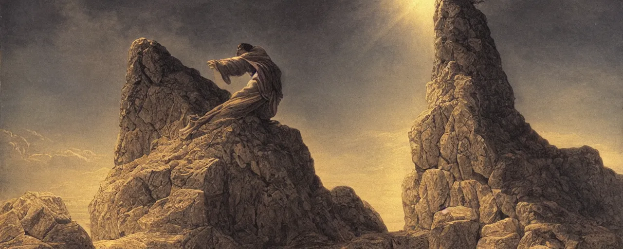 Image similar to medium shot of moses on top of a mountain holding up in the air the ten commandments stone tablets, photorealistic, highly detailed, texture, soft light, dramatic, moody, ambient, painting by gustave dore