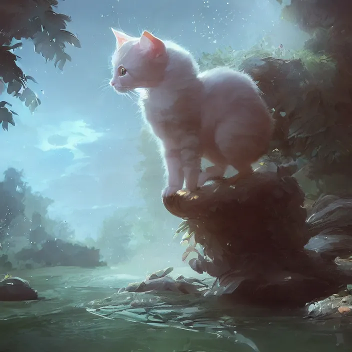 Image similar to a painting of a cute kitten at a river. character design by cory loftis, fenghua zhong, ryohei hase, ismail inceoglu and ruan jia. volumetric light, detailed, rendered in octane