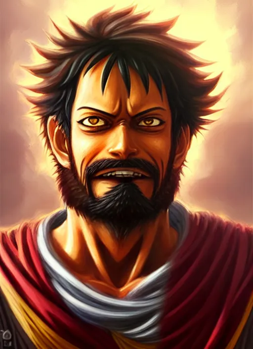 Image similar to luffy as _ fantasy _ style _ portrait _ painting _ of middle eastern male brown wavy hair beard, rpg dnd oil _ painting _ unreal _ 5 _ daz. _ rpg _ portrait _ extremely _ detailed _ artgerm _ greg _ rutkowski _ greg