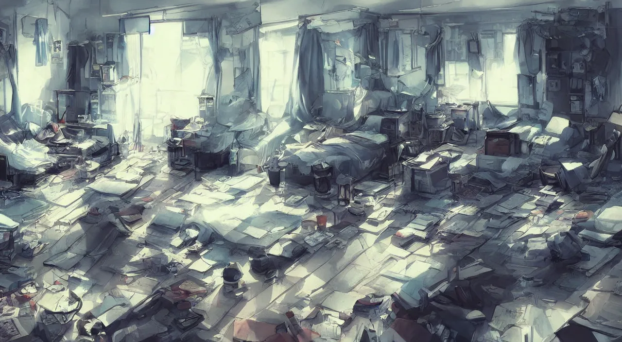 Prompt: The Interior of a Messy Studio Apartment of a Depressed Student in Shinjuku, Anime concept art by Makoto Shinkai