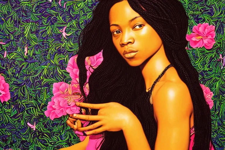 Image similar to a beautiful girl with long hair and with iridescent skin by kehinde wiley