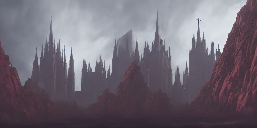 Image similar to dramatic render of a cathedral, gothic architecture, tall spires, top of a red rock canyon, vultures, 24mm angle, concept art by studio ghibli and eddie mendoza, atmospheric, moody, dark, cinematic, volumetric lighting, 8K