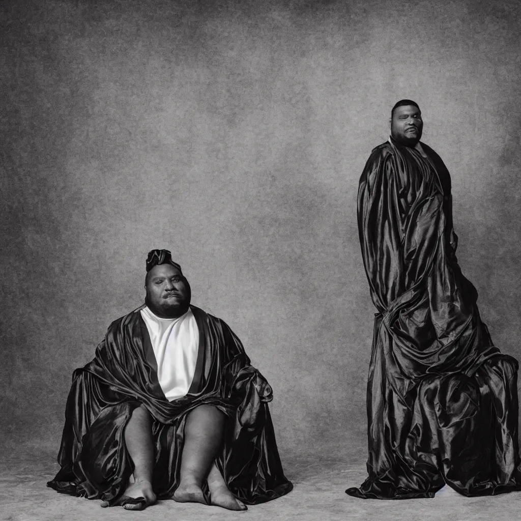 Image similar to Large black man sitting on throne wrapped in silk, background made of large folding curtains, dimly lit, dark, blacklight photography