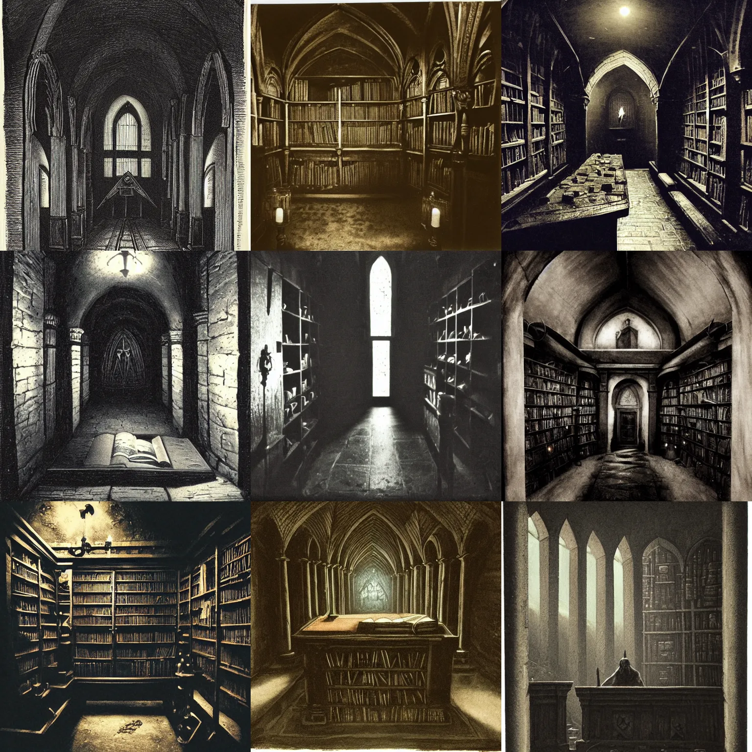 Prompt: dark crypt room with bookshelves filled with dark colored tomes and dark table with runes, dark stone walls and pillars, gloomy, midnight, shadows, candlelight, ambrotype, cyanotype, dark academia, gothic art, style of Blade Runner 2049, calotype, daguerreotype, style of Game of Thrones, gothic, style of Lord of the Rings, style of Nosferatu, polaroid, style of Stranger Things, tintype