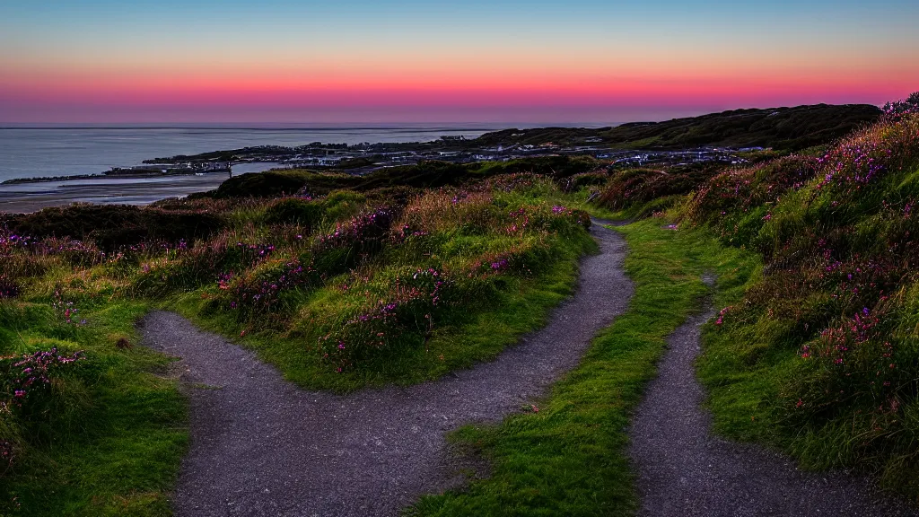 Prompt: 100 mm, 1/1000 sec, f/2.8, ISO 100 glorious magical cinematic scene of a trail on howth hill just after sunset