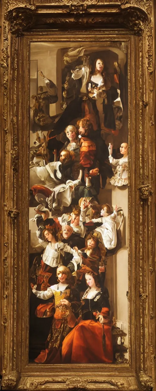 Image similar to oil paint border less of family portrait in the main room of the castle, dark room, one point of light trough a big window. baroque style 1 6 5 0, high details on clothes, realistic faces and expressions, space between subjects inspired by diego velasquez