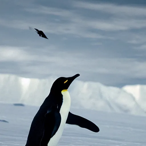 Prompt: a penguin flies around earth