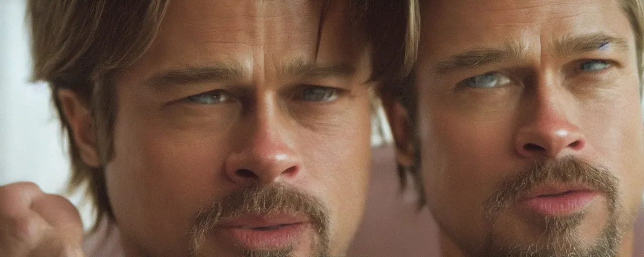 Prompt: 3 / 4 mid close up shot of brad pitt in a interior of a 1 9 7 0 s house living room directed by terrence malick, rembrandt lighting, imax 4 0 mm anamorphic lens,