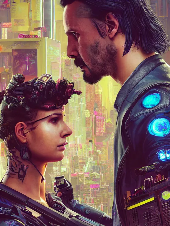 Image similar to a cyberpunk 2077 couple portrait of Keanu Reeves and V ,love story , lots of electric cable behind them connected to giant computer,film lighting,by laurie greasley,Lawrence Alma-Tadema,William Morris,Dan Mumford,trending on atrstation,face enhance,full of color,Digital painting,highly detailed,8K, octane,golden ratio,cinematic lighting