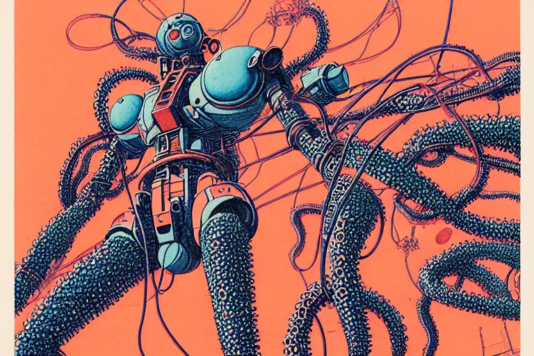 Prompt: risograph grainy drawing vintage sci - fi, satoshi kon color palette, gigantic gundam full - body covered with human bodies and wires, with lot tentacles, vermilion color, codex seraphinianus painting by moebius and satoshi kon and dirk dzimirsky close - up portrait