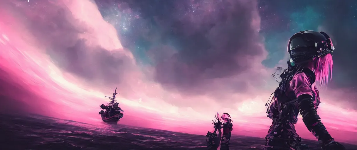 Prompt: beautiful clear faces, portrait big dark punk, pink, mohawk, arcteryx, space, hyperdetailed illustration, stars, neon, oil painting, rich deep colors masterpiece, ultra detailed, contrast, heaven pink, clouds, volumetric light, atmospheric lighting, pirate neon ship, dramatic, cinematic, moody, octane render 4 k, 8 k