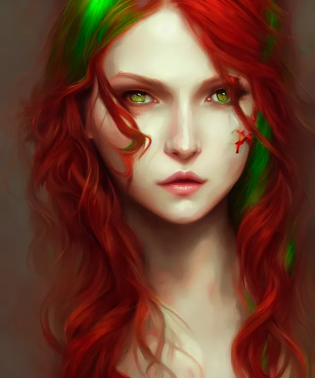 Image similar to Fae teenage girl, portrait, face, long red hair, green highlights, fantasy, intricate, elegant, highly detailed, digital painting, concept art, smooth