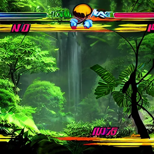 Prompt: Amazon rainforest as a 2d fighting game background, river, leaves, super smash bros style