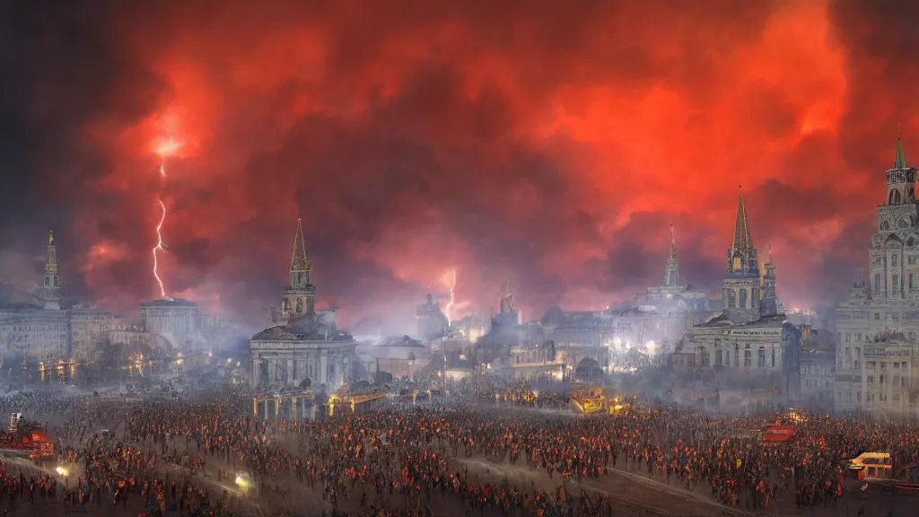 Image similar to ukranian army storming red square with fire and smoke burining in the background, lightning strikes, volumetric lightning by eugene von guerard, ivan shishkin, dramatic lighting, concept art, trending on artstation, 8 k