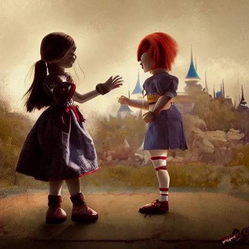 Image similar to the doll annabelle hitting the doll chucky in the face, epic mma fight, dramatic poses, cinematic, disneyland as backdrop, oil painting, by greg rutkowski