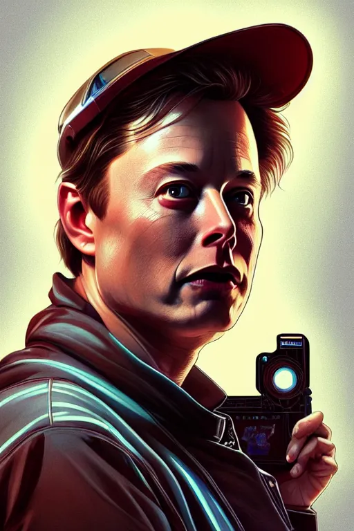 Image similar to elon musk as marty mcfly near delorean, realistic portrait, symmetrical, highly detailed, digital painting, artstation, concept art, smooth, sharp focus, illustration, cinematic lighting, art by artgerm and greg rutkowski and alphonse mucha