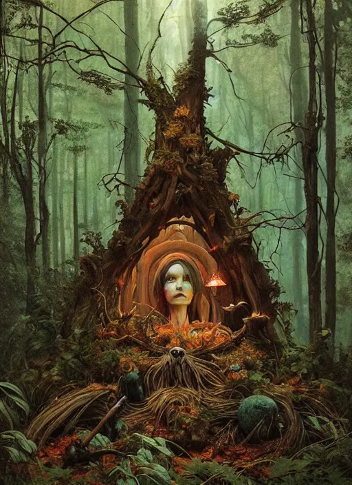 Image similar to a hyper realistic witch shrine in the woods gorgeous lighting, lush forest foliage painting by chiara bautista and beksinski and norman rockwell and greg rutkowski weta studio, and lucasfilm