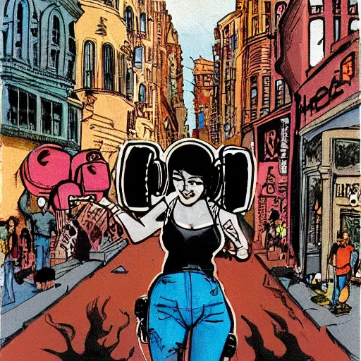 Prompt: punk girl with headphones in densely packed street, surreal, Ralph Bakshi