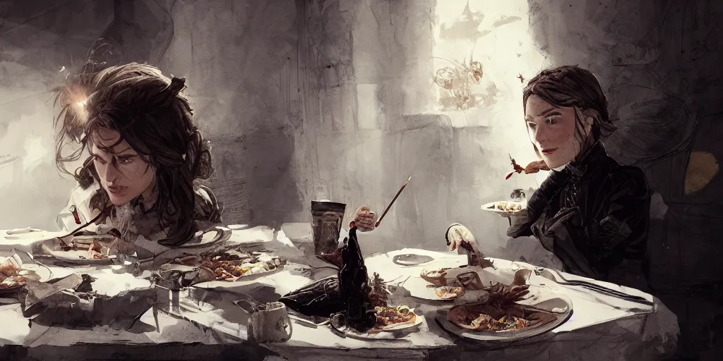 Prompt: cartoonish keira knightley eating dinner, character sheet, fine details, concept design, contrast, kim jung gi, greg rutkowski, trending on artstation, 8 k, full body, turnaround, front view, back view, ultra wide angle