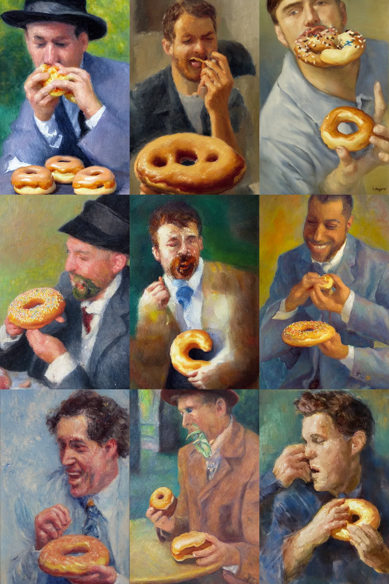 Prompt: An impressionist oil painting of a man eating a doughnut