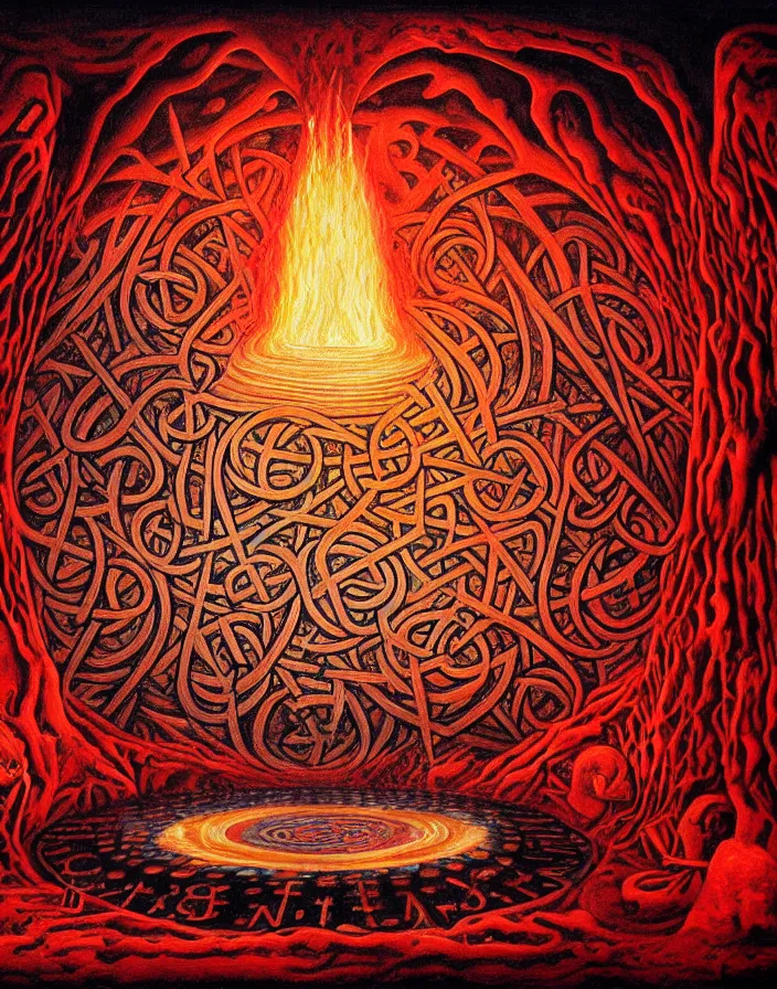 Image similar to beautiful painting of a summoning circle spell with runes in a dark cave, tarot, complex environment, by johfra bosschart, fractals, red liquid glowing metal veins, details