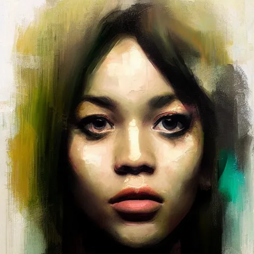 Image similar to face protrait of dojacat, realistic, ultrahd, jeremy mann painting