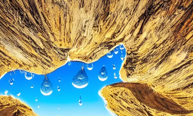 Image similar to beautiful panorama of many magnificent big upside-down raindrops in a perfect cloudless blue sky above a dried up river surrounded by desolate land and dead trees, blue sky, hot and sunny highly-detailed, elegant, dramatic lighting, artstation, 4k, cinematic landscape, masterpiece photograph by Elisabeth Gadd