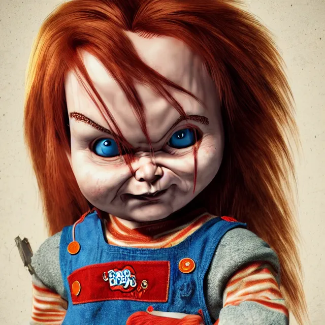 Image similar to chucky the doll, centred, very long hair, hd, hyperdetailed illustration by irakli nadar, intricate linework, bright colors, octopath traveler, final fantasy, unreal engine 5 highly rendered, global illumination, radiant light