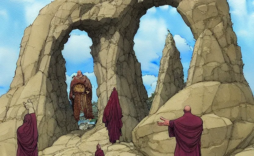 Prompt: a hyperrealist watercolour concept art of a dimensional time portal in the shape of a large rock arch. a medieval monk in grey robes is in the foreground. by rebecca guay, michael kaluta, charles vess and jean moebius giraud. high detail, hq, wide shot