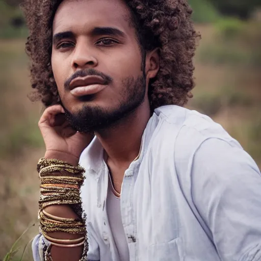 Image similar to east african male, curly hair, muslim, in vast field, beautiful scenery, nature, vintage, dreamy, pastel, thoughtful, intricate details