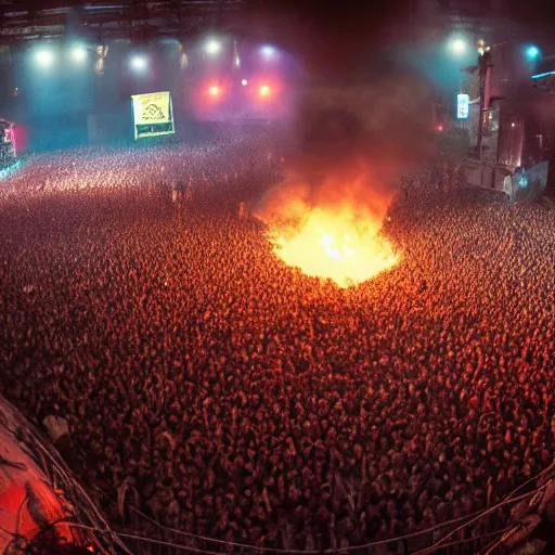 Image similar to the biggest mosh pit in the world, punks throwing Molotovs in the air, fighting, flame and fire, glowing upside cross, dynamic lighting, reflections, people falling out from the sky, punks kicking and thrashing, chaotic, rios, colorful glow, cinematic, epic, volumetric, godrays, dynamic lighting, dust flying up into the air, people shooting into the air with guns, octane render, photorealistic, unreal engine, artstation, artstation trending, artstation hq, artstation hd, ethereal, Pinterest, 8k, ultra detailed, ultra realistic,