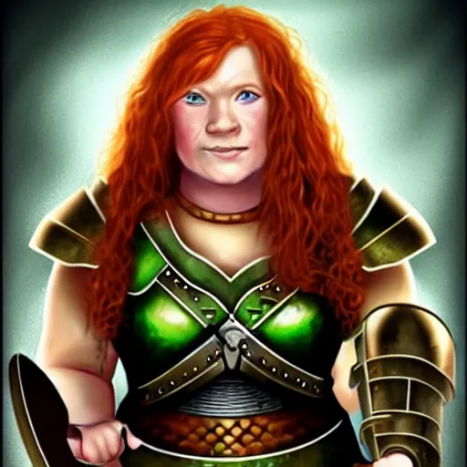 Image similar to dwarven woman, ginger hair, green eyes, holding hammer and shield with plate armour