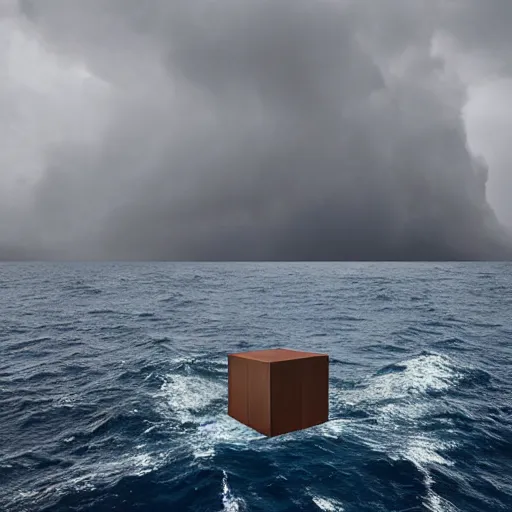 Prompt: a cube in the middle of the sea with images of a tumultuous storm at sea on its sides. in the style of Richard Serra