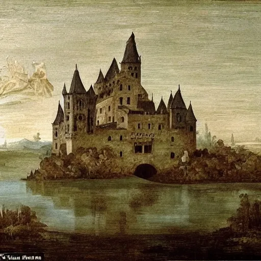 Image similar to an abandoned castle that sits on an island in the middle of a dark lake, there are cobwebs and dust hanging all over the castle and there is a ghostly apparition in one of the windows, a worn boat floats on the lake in front of the castle, renaissance painting, high quality