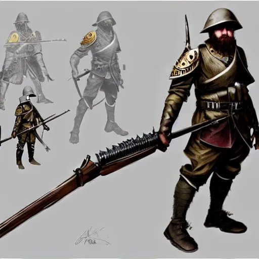 Prompt: Full body concept art of A High fantasy WW1 dwarve soldier holding a enchanted rifle trending on artstation deviantart Pinterest detailed High Resolution HD 8k