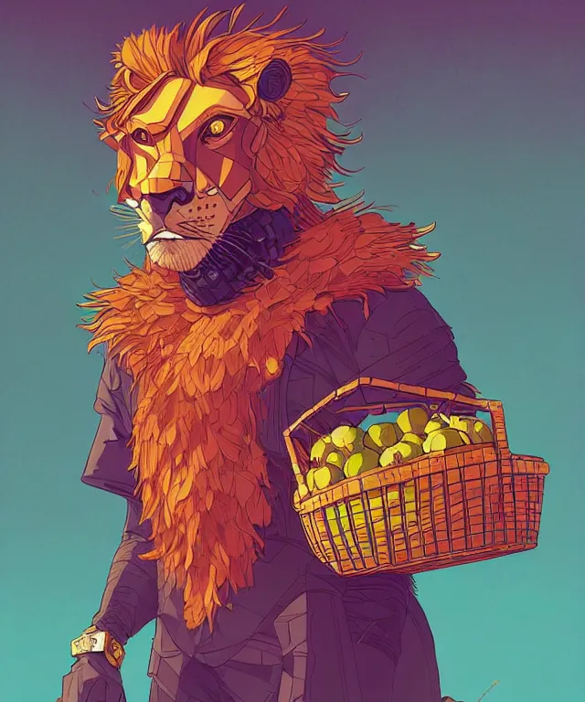 Prompt: a portrait of an anthropomorphic cyberpunk lion holding a fruit basket, fantasy, elegant, digital painting, artstation, concept art, matte, sharp focus, illustration, art by josan gonzalez