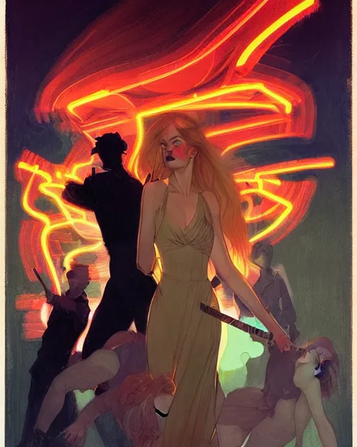 Prompt: in the style of Joshua Middleton comic art and Jules Bastien-Lepage, The Purge people fighting, Samara Weaving full body, night time dark with neon colors, fires, symmetrical faces