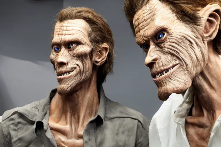 Image similar to animatronic Willem Dafoe by Stan Winston studios, behind the scenes photo, detailed, 4k