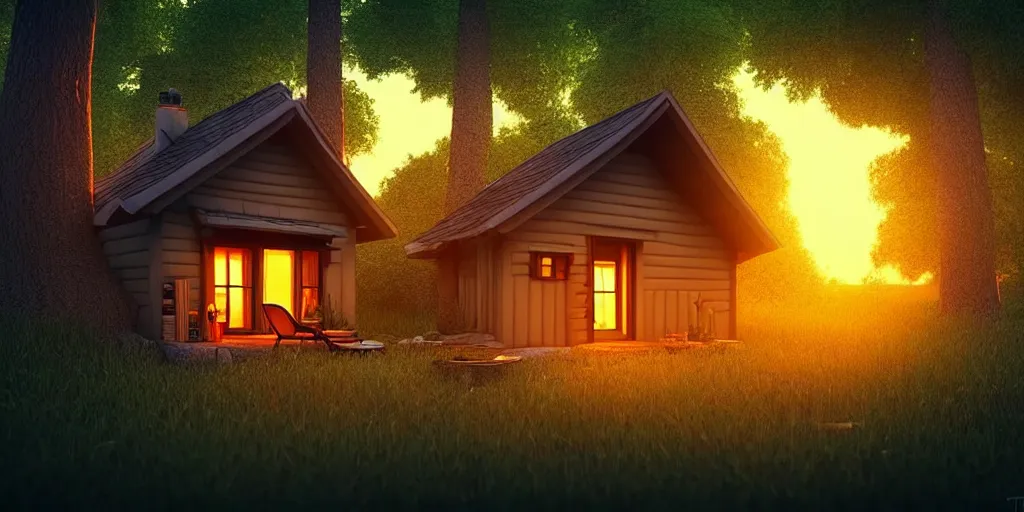 Image similar to a cozy little house in the woods, relaxing, 3 d concept art by scott zenteno, chill, relaxing, peaceful, sunset, extremely detailed art