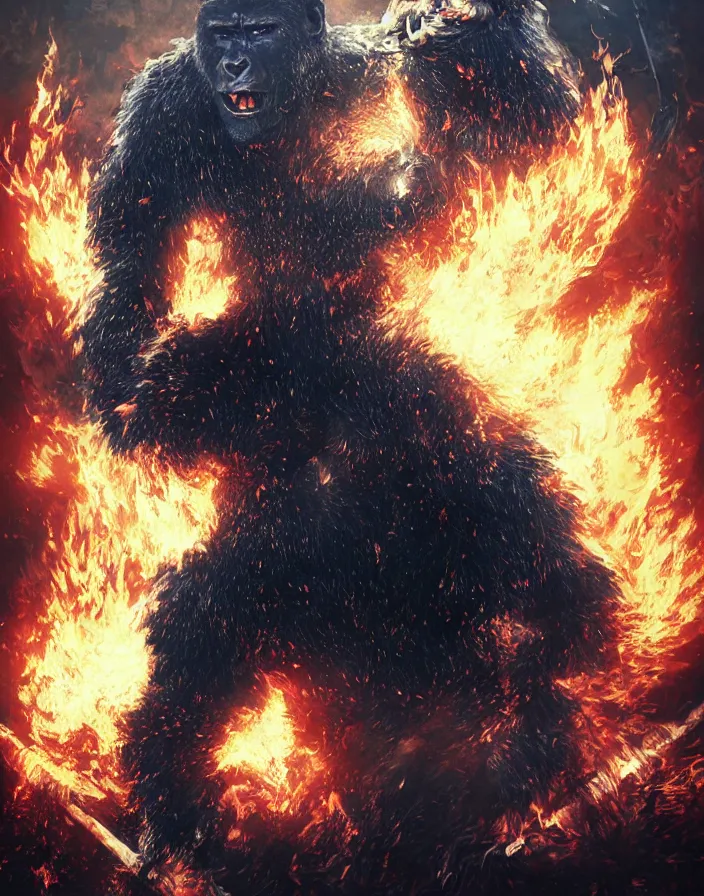 Prompt: folk horror illustration of a Gorilla warrior bursting in flames holding a Lava Sword, dark souls 3 artwork, art by greg rutkowski, art by craig mullins, art by Masanori Warugai, art by Yoshitaka Amano