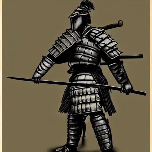 Prompt: A samurai in bulky armor wielding an eight foot long katana, charcoal, pastel, desaturated, surreal, realistic, feudal japan
