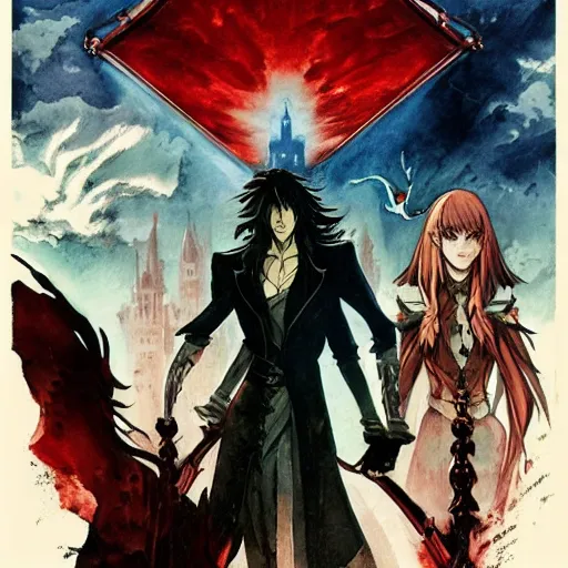 Image similar to vintage movie poster art for castlevania by trending pixiv fanbox, watercolor, style of makoto shinkai takashi takeuchi yoshiyuki and agnes cecile 4 k concept art