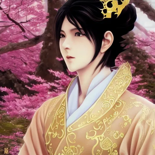 Prompt: a young beautiful prince, golden eyes, long black hair, white hanfu, elegant, intricate, backlit, incredible lighting, strong rim light, subsurface scattering, hyper realistic anime, beautiful landscape, cherry trees, highly detailed digital painting, by Heise Jinyao, Heise-Lian Yan Fang, Feimo, Rossdraws, Sakimichan HDRI, vivid colors, high contrast, trending on artstation 8k