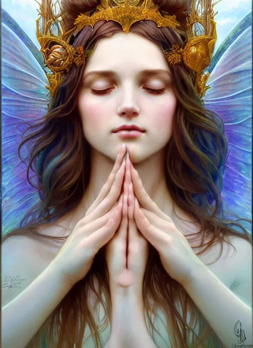 Image similar to fairy queen goddess feminine face meditation!! murky lighting, wind blowing, full body portrait, blessed by nature, physical mental perfection, symmetrical! intricate, sensual, highly detailed, biblical divine holy perfection!! digital painting, artstation, concept art, smooth, sharp focus, by artgerm and greg rutkowski and alphonse mucha