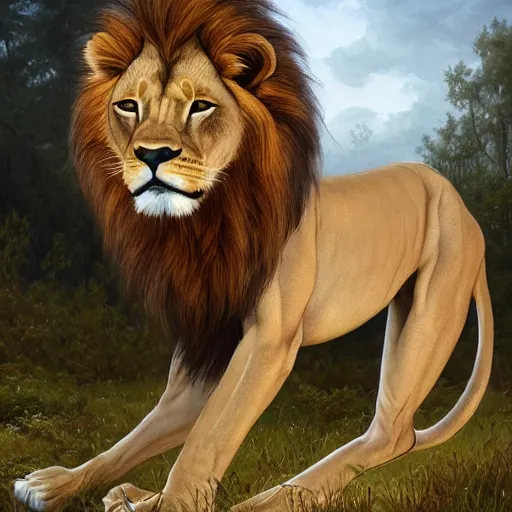 Image similar to clear portrait of a anorexic lion, hideous appearance, nature background, malnourished, cottagecore!!, background hyper detailed, character concept, full body, dynamic pose, intricate, elegant, highly detailed, digital painting, artstation, concept art, smooth, sharp focus, illustration, art by artgerm and greg rutkowski and alphonse mucha